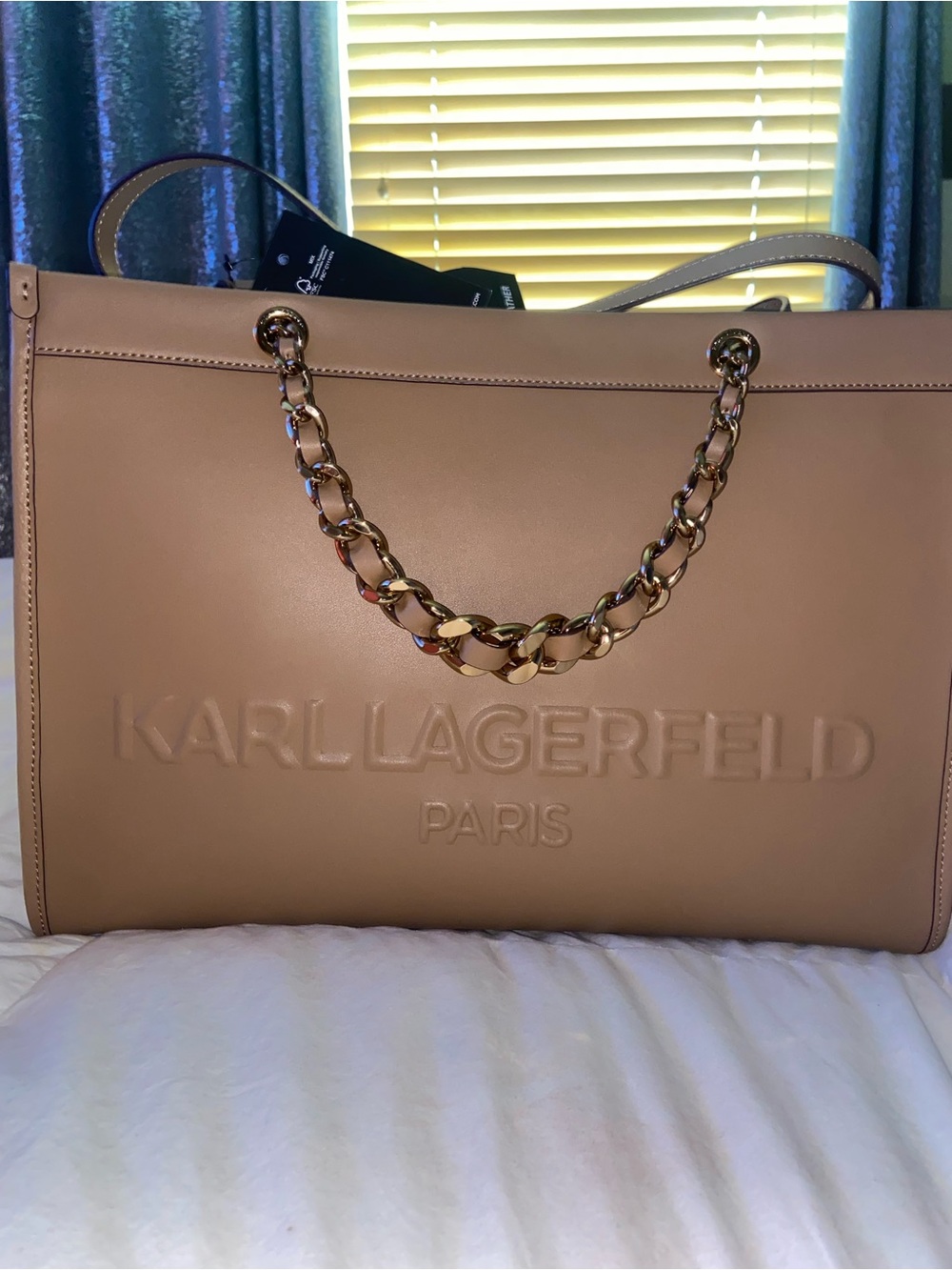 Karl Lagerfeld Taupe Leather-Look Tote with Gold Chain